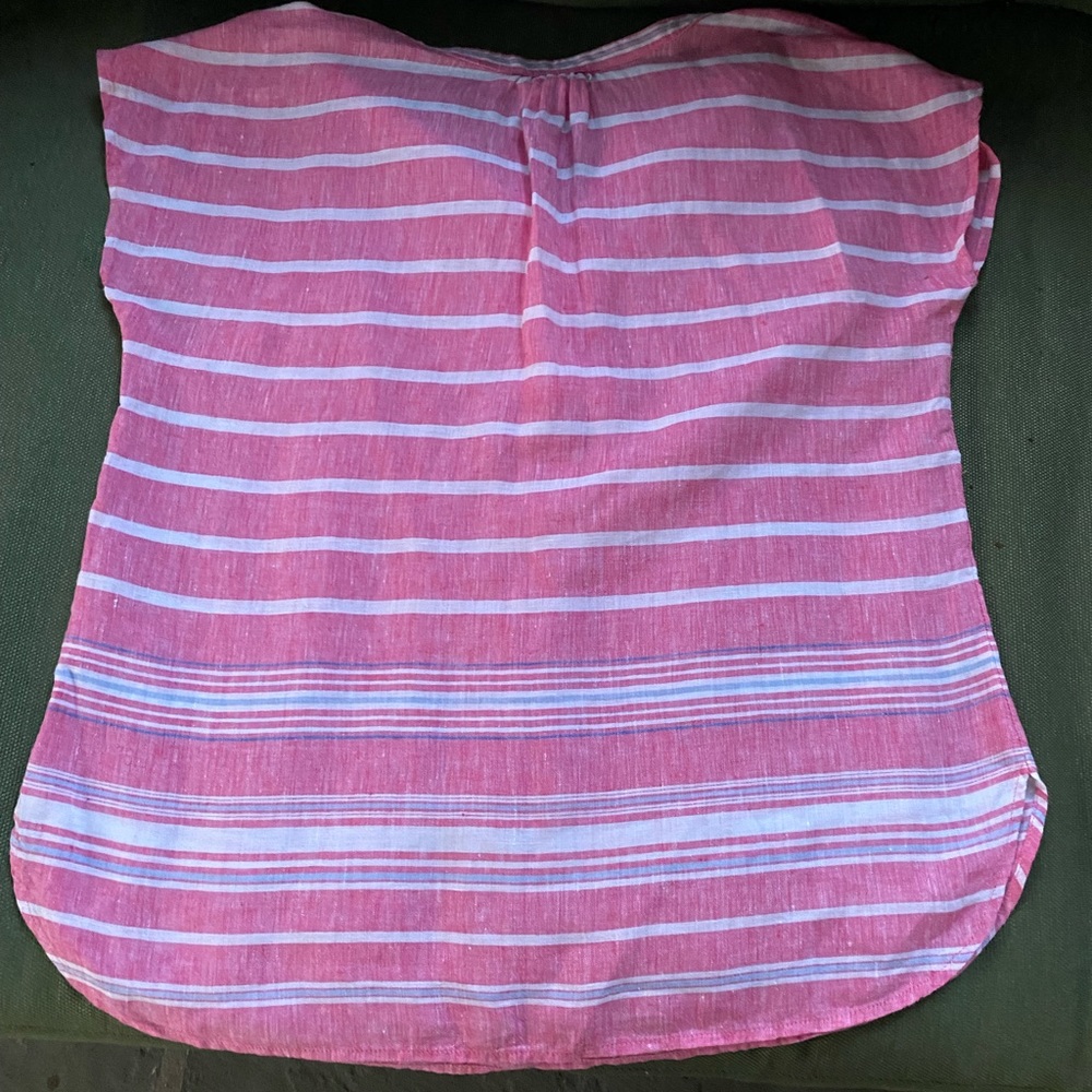 Talbots Linen Popover Top Pink Stripe Short Sleeve V Neck; Size: Medium - Picture 3 of 9